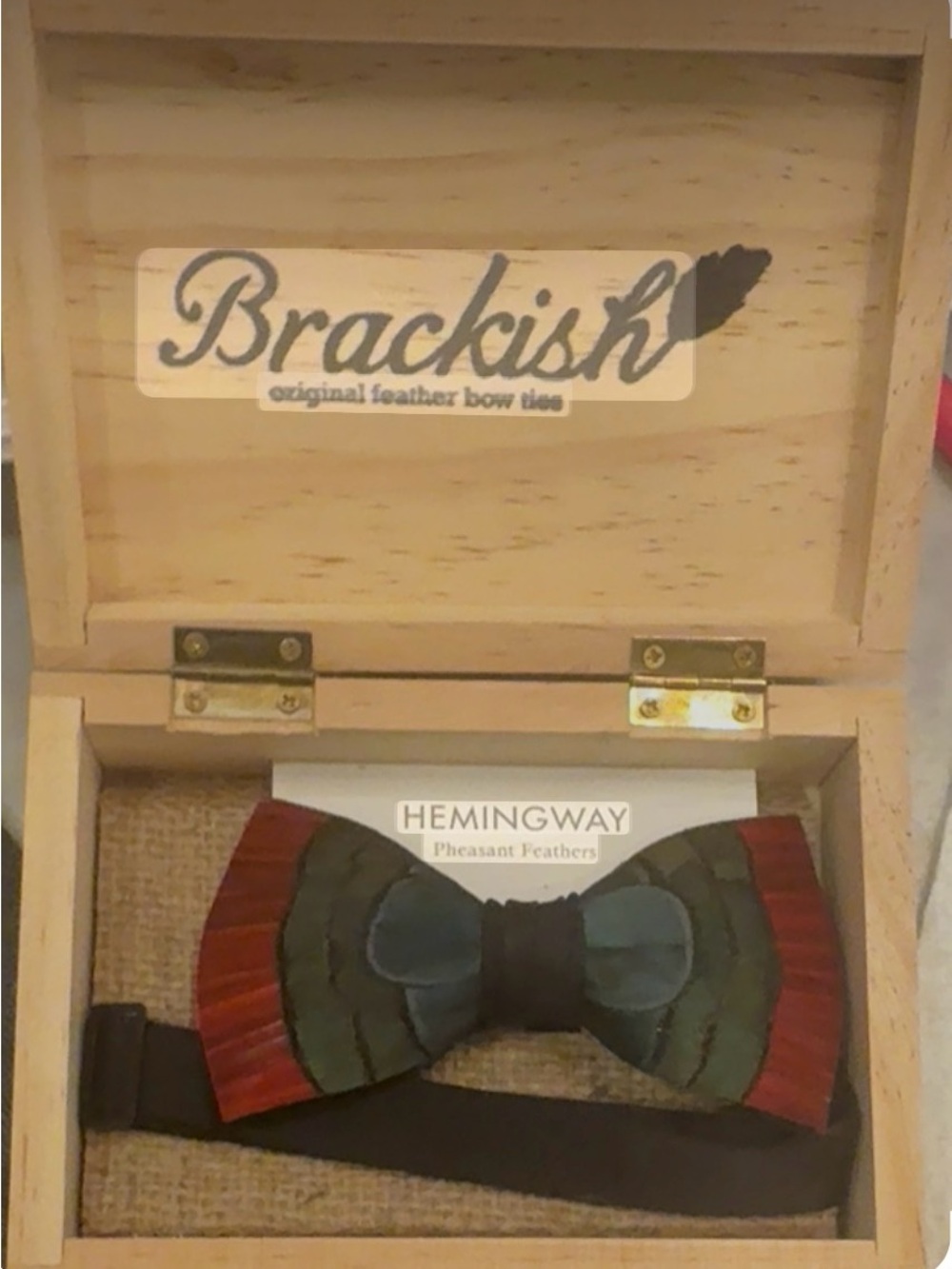 Brackish Hemingway Pheasant Feather Bow Tie - Green and Red